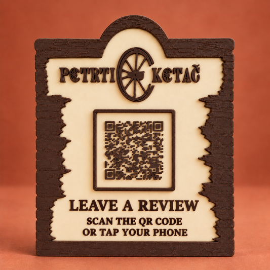 Front view of a personalised QR and NFC review stand with English lettering on terracotta