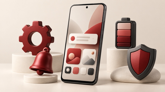 RK Store China ROM setup guide: smartphone with symbols for notifications, battery, settings and privacy.
