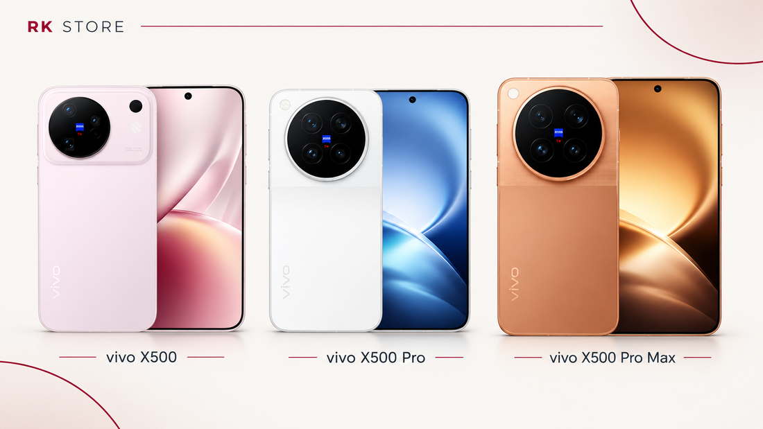 RK Store editorial illustration: vivo X500 in pink, X500 Pro in white and X500 Pro Max in orange, front and rear views.