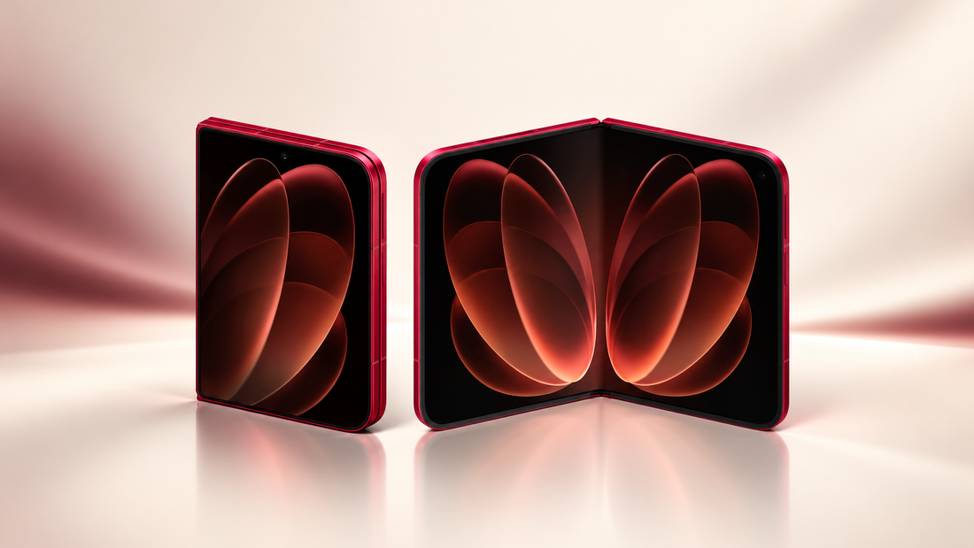 Xiaomi 18 Fold in red, folded and unfolded; editorial illustration based on product imagery.