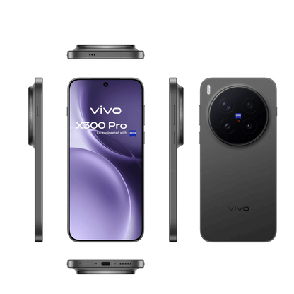 Dark grey Vivo X300 Pro shown from the front, back and sides