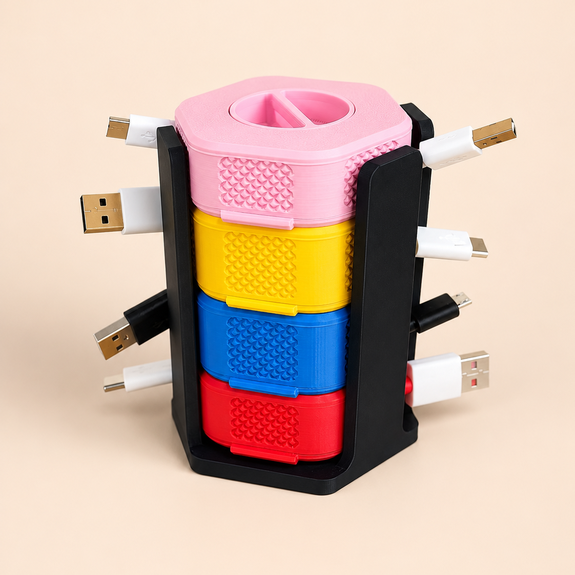 A black USB charging cable organizer stand holding four colorful stacked charging cables in pink, yellow, blue, and red, with additional white and black cables plugged in on the sides, set against a solid beige background.