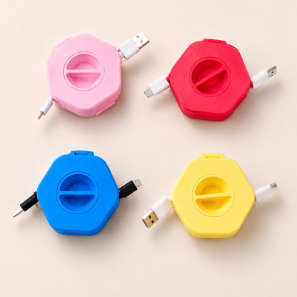 Four hexagonal cable reel organizers in pink, red, blue, and yellow, arranged in a 2x2 grid on a light beige background. Each reel is partially unrolled to show the cable connectors.