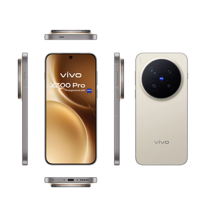 Light-coloured Vivo X300 Pro shown from the front, back and sides