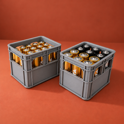 Zwei gefüllte AA- und AAA-Batteriekisten auf Terrakotta-Hintergrund
