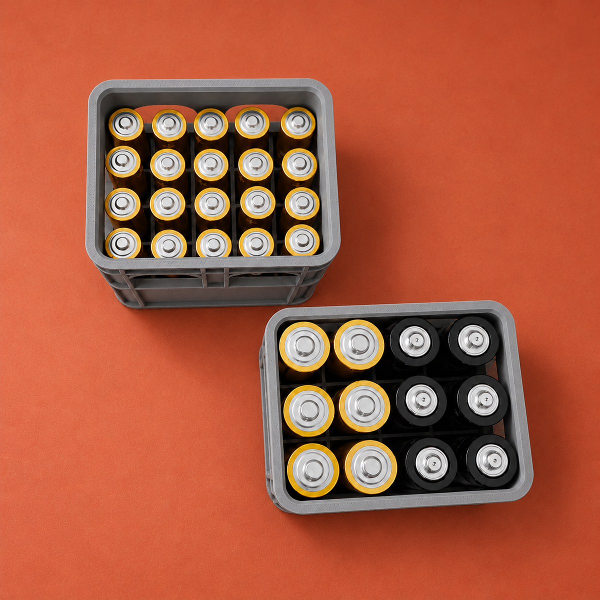 Draufsicht auf gefüllte AA- und AAA-Batterieorganizer auf Terrakotta