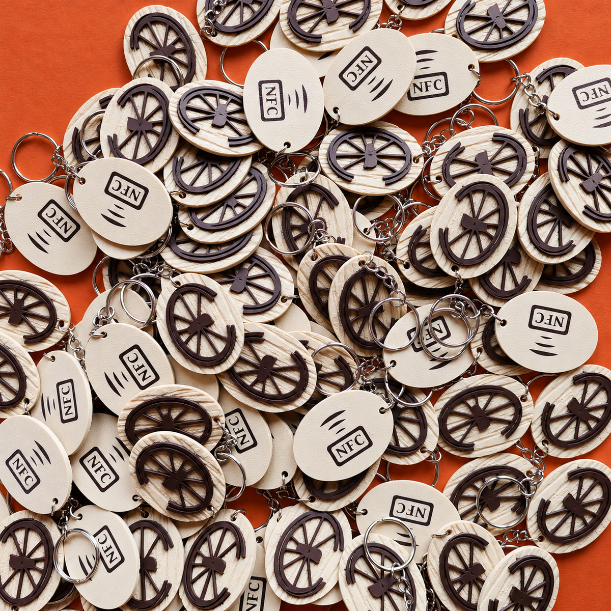 Viele NFC-Schlüsselanhänger mit individuellem Logo auf Terrakotta