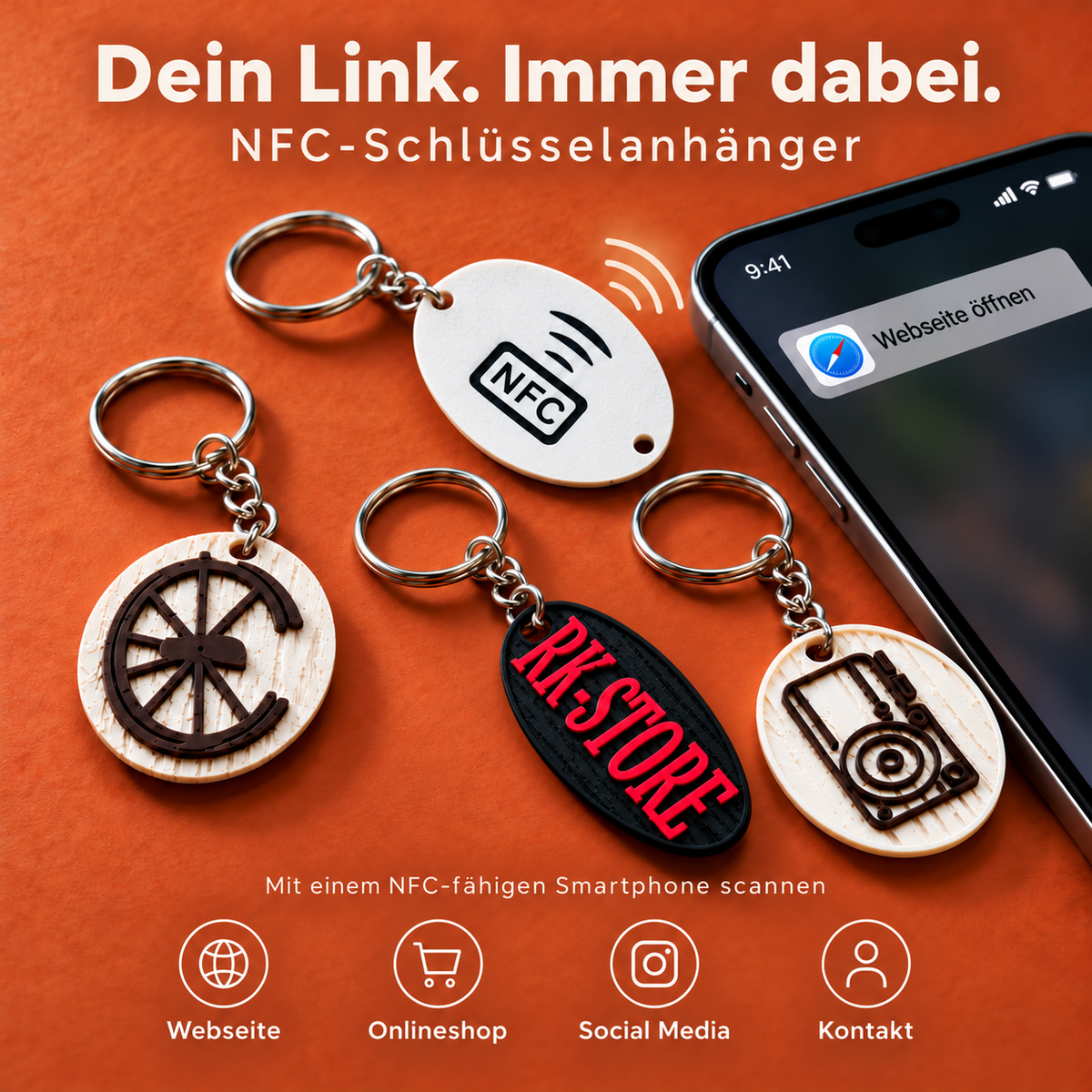 NFC Schlüsselanhänger – Webseite, Onlineshop, Social Media und Kontakt