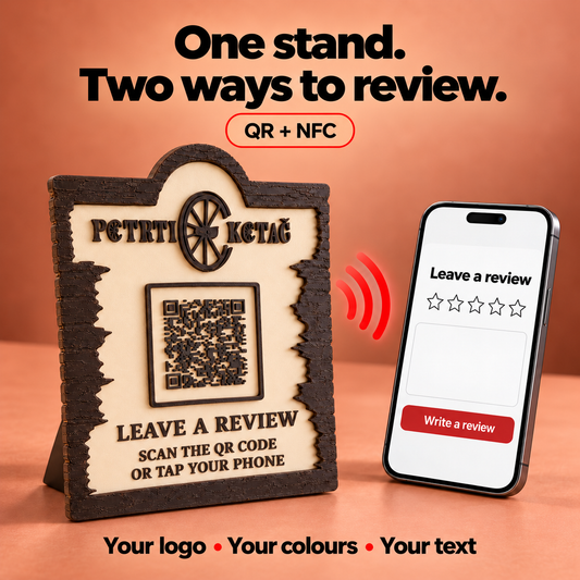 Personalised QR and NFC review stand with your logo beside a smartphone review form on a terracotta background