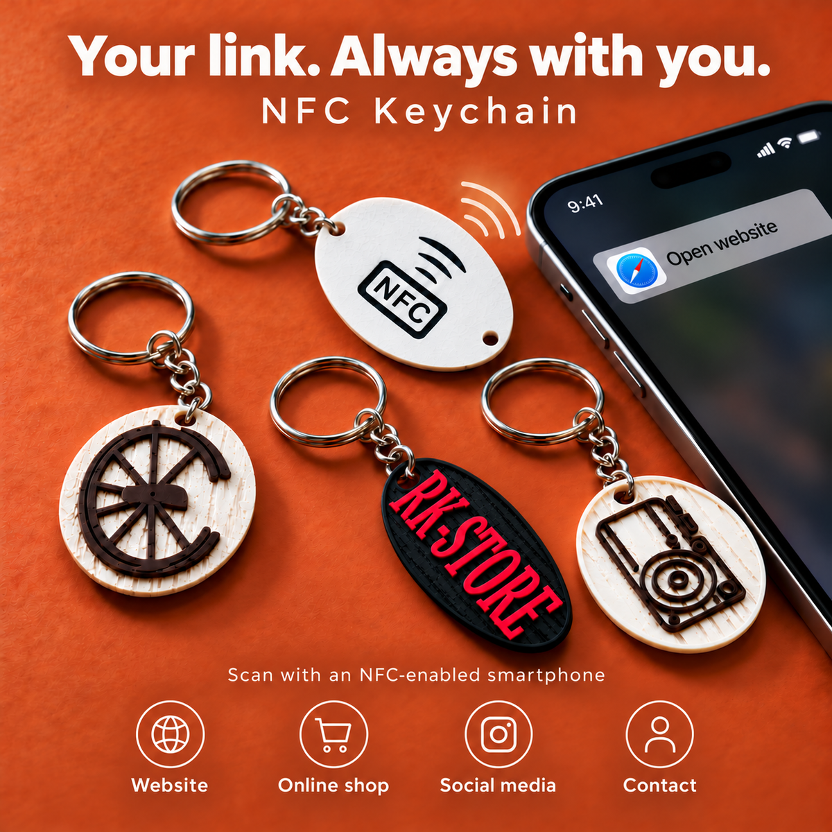 NFC keychain – website, online shop, social media and contact