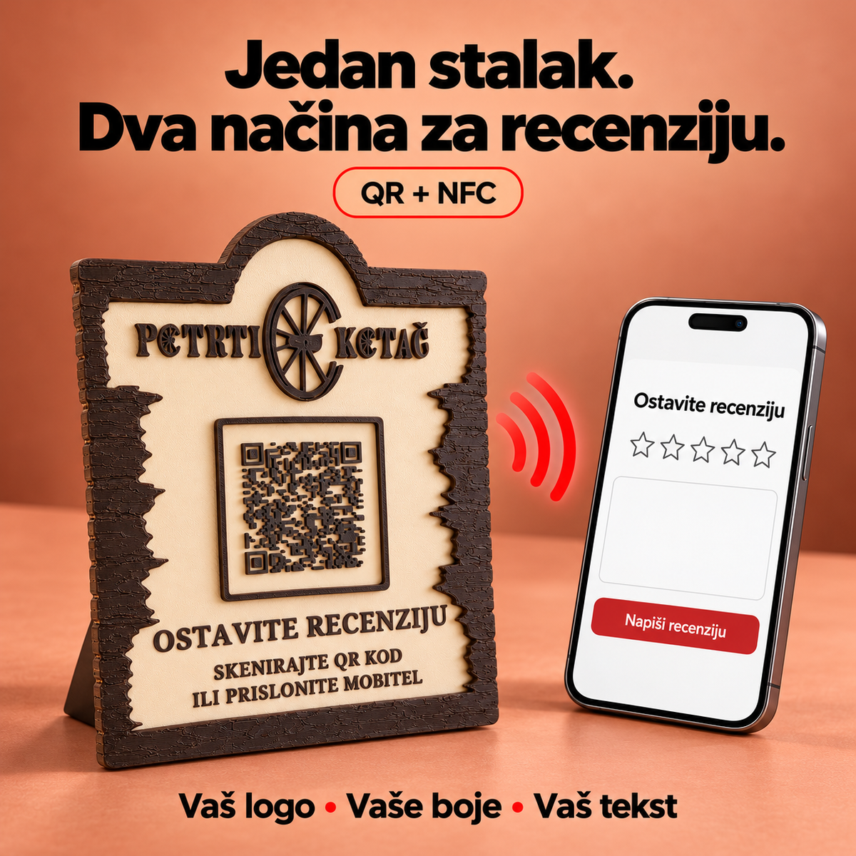 Personalizirani QR i NFC stalak uz mobitel s obrascem za recenziju, na terakota pozadini