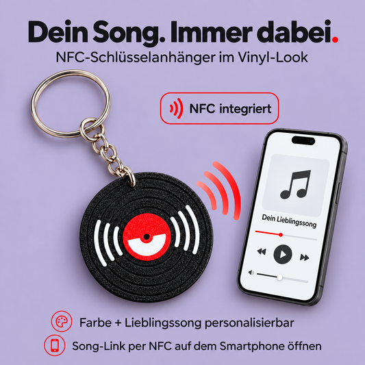 NFC-Schlüsselanhänger im Vinyl-Look: Dein Song, immer dabei. Deutsches Titelbild auf Lavendel.