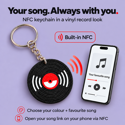 Personalised vinyl record NFC keychain: Your song, always with you. English cover on lavender.