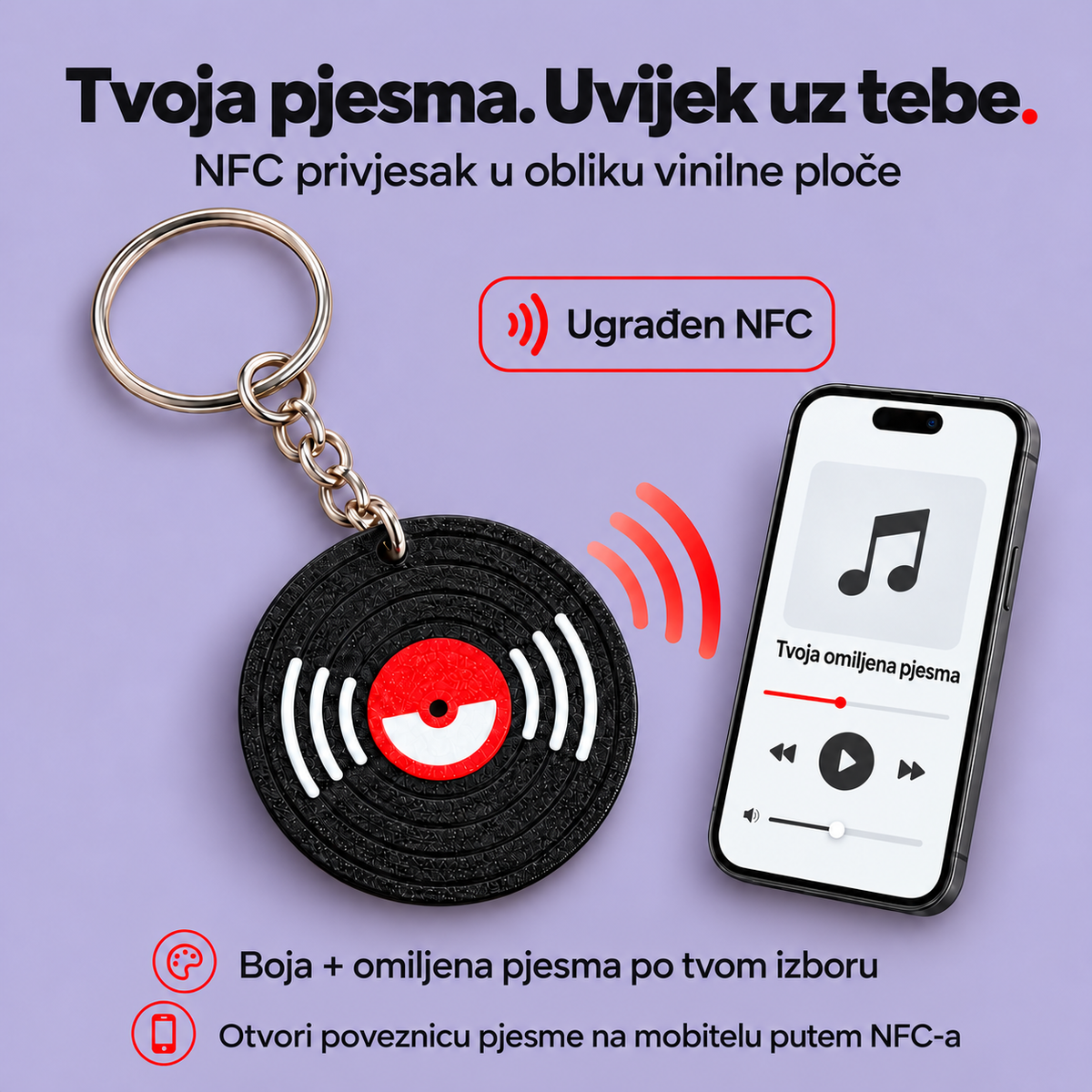 Personalizirani NFC privjesak u obliku vinilne ploče: Tvoja pjesma, uvijek uz tebe. Hrvatska naslovnica na lavanda pozadini.