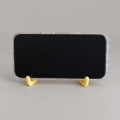 fold-landscape: original phone stand photograph, matte PLA surface and 3D printed layer details