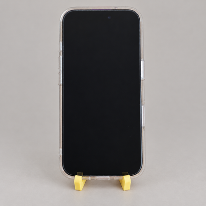 fold-portrait: original phone stand photograph, matte PLA surface and 3D printed layer details