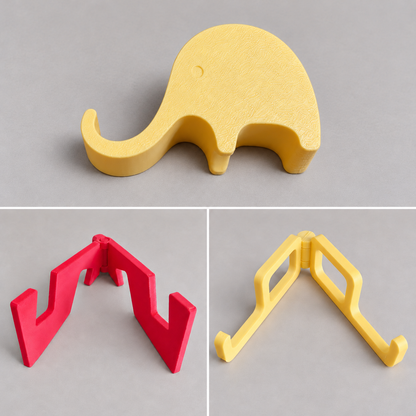 Three phone stand models: wide elephant stand, red Mini Fold and yellow folding frame; photo collage, not to scale
