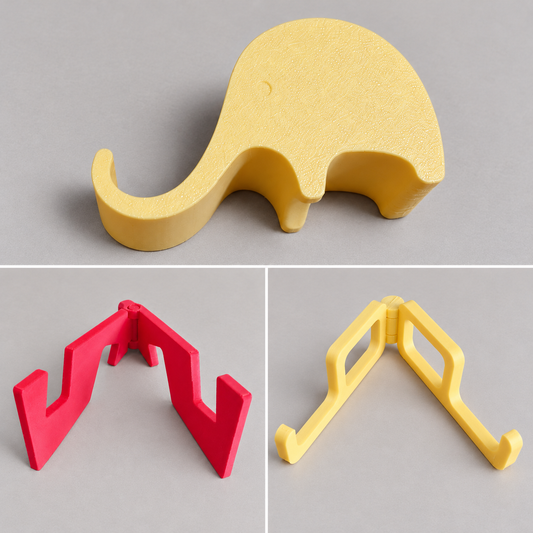 Three phone stand models: wide elephant stand, red Mini Fold and yellow folding frame; photo collage, not to scale