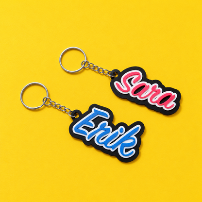 Separate Sara and Erik name keychains in red and blue