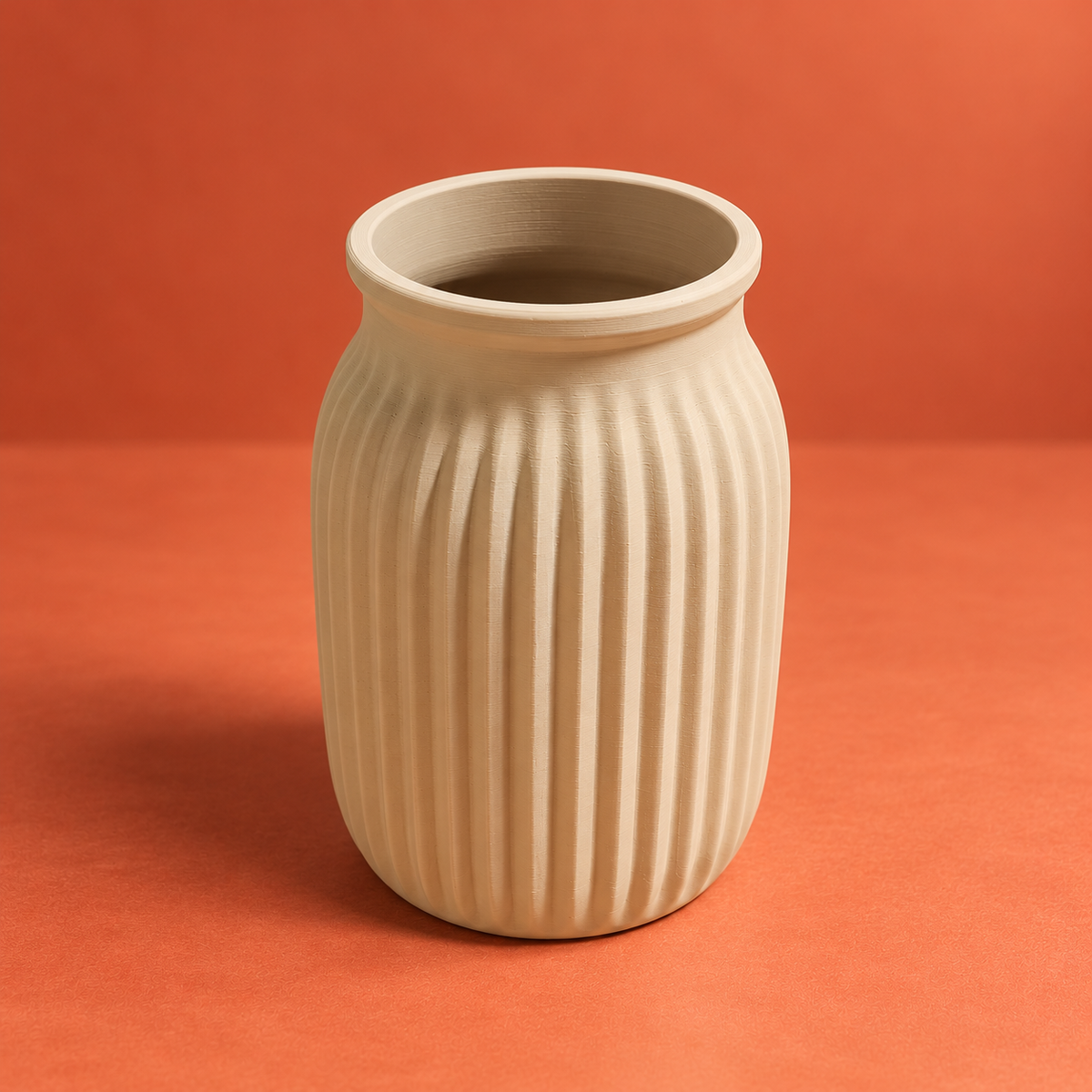 Angled view of the beige matte PLA decorative vase with vertical fluting and a raised round rim
