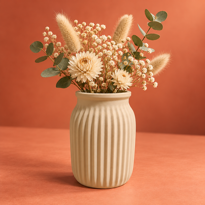 Beige ribbed 3D printed matte PLA vase with dried flowers on a warm terracotta studio background