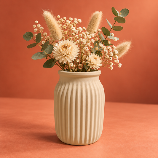 Beige ribbed 3D printed matte PLA vase with dried flowers on a warm terracotta studio background