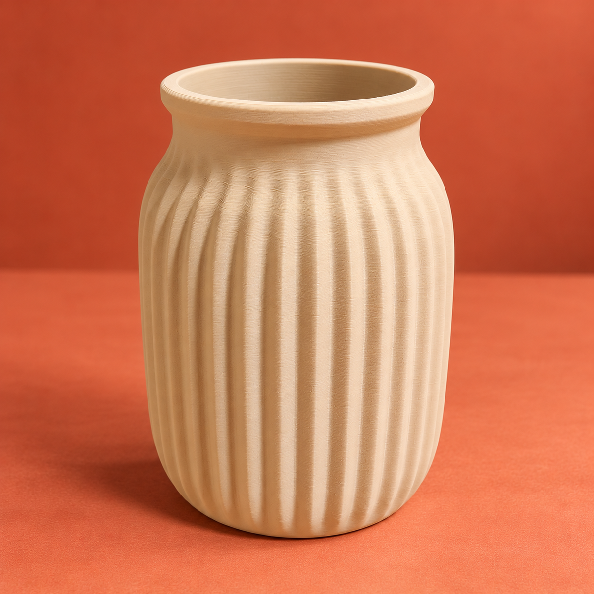 Front detail of the beige ribbed matte PLA vase showing the rounded body and visible 3D print texture
