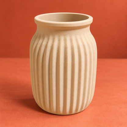 Front detail of the beige ribbed matte PLA vase showing the rounded body and visible 3D print texture